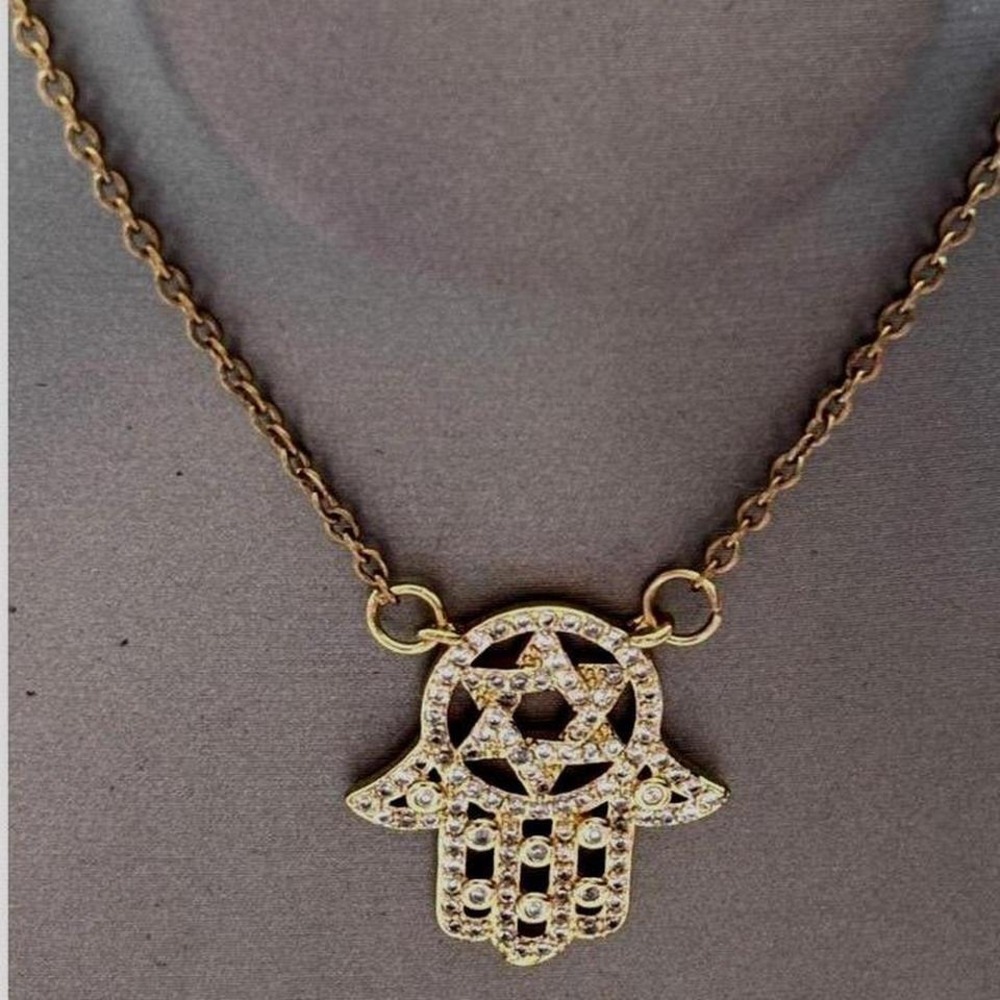 Necklace Gold Tone Crystal Hamsa Star of David Lobster New with Tags